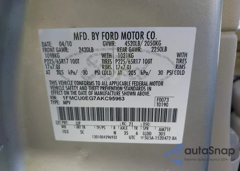 2010 Ford Escape Limited from USA, damaged, VIN 1FMCU0EG7AKC95963